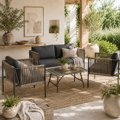 Rira Rattan Rope Grey 4 Seater Round Outdoor Sofa Set