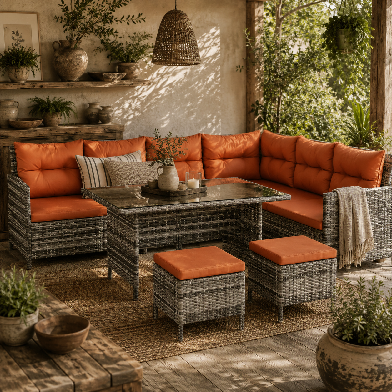 Tasu Rattan Orange And Grey 7 Seater Outdoor Sofa Set With Cushions And Glass Tables