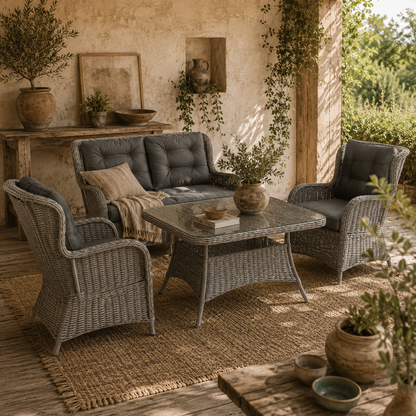 Fano Faux Rattan Grey 4 Seater Outdoor Dining Sofa Set With High Back Chairs And Glass Table