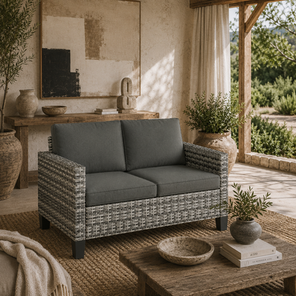 Kalazi Rattan Light Grey 2 Seater Outdoor Sofa With Cushions