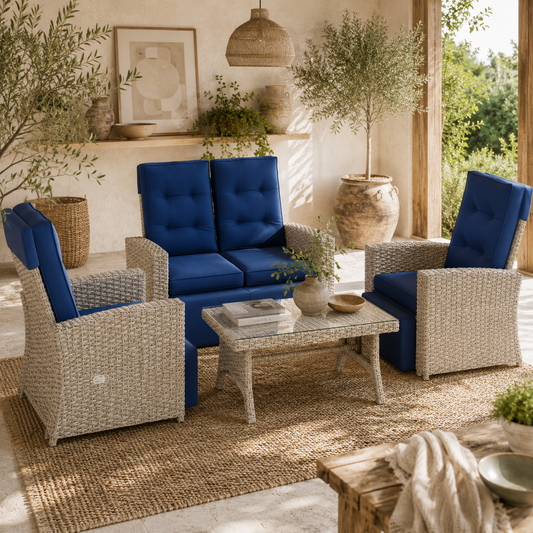 Kalec Grey Rattan Navy Blue 4 Seater Outdoor Sofa  Set With Glass Coffee Table