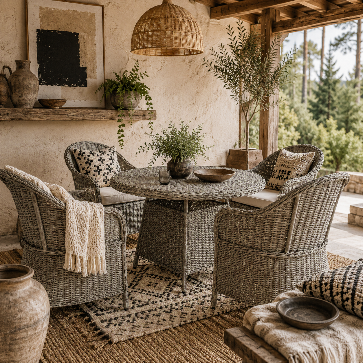 Sepa Rattan Grey 4 Seater Outdoor Dining Set With Cushions And Glass Top Table With Parasol Hole