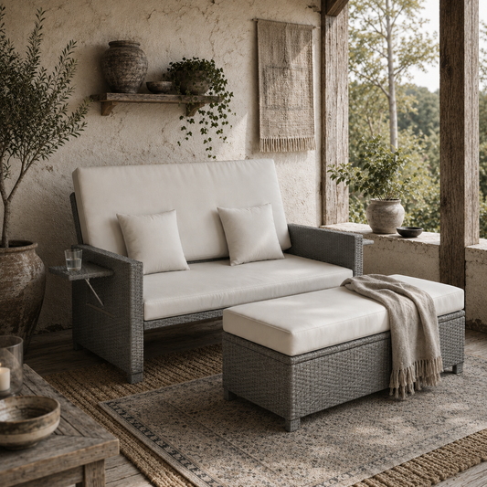 Taelre Rattan Light Grey Outdoor Daybed With Matching Footstool White Cushions