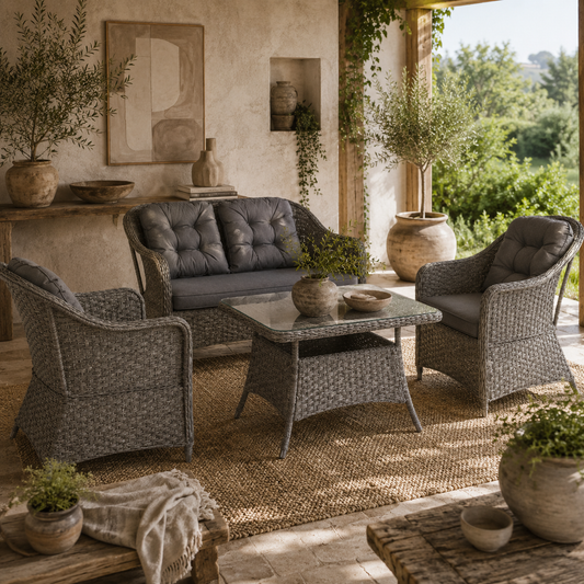 Fasake Rattan Light Grey 4 Piece Seater Furniture Set With Glass Top Table