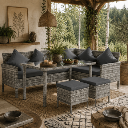 Coha Rattan Dark Grey 6 Seater Outdoor Dining And Sofa Set With Table Footstools And Cushions