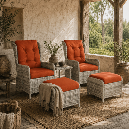 Bapa Rattan Orange 5 Piece Reclining Bistro Furniture Set with Glass Top Table And Footstools