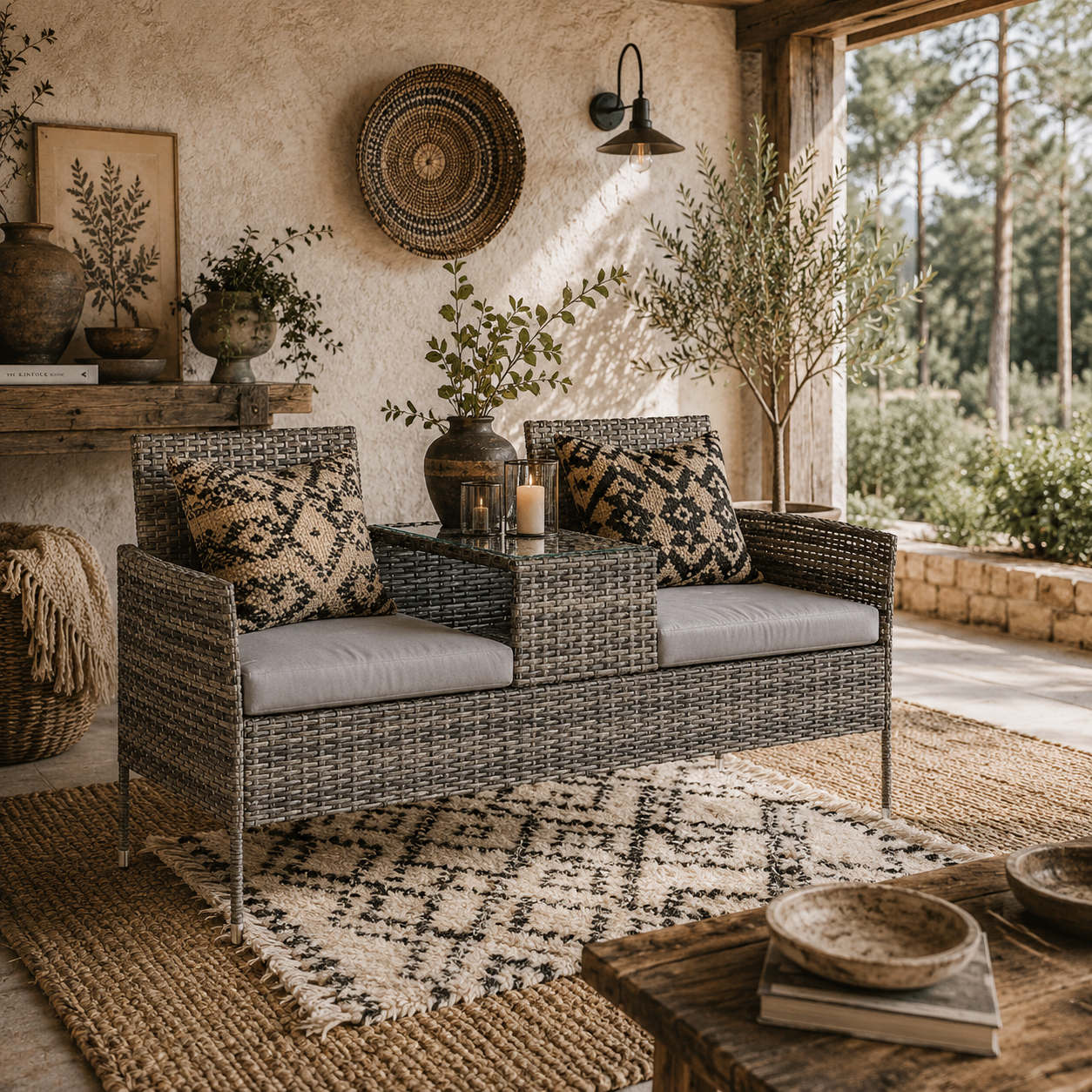 Cofi Rattan Dark Grey 2 Seater Chair With Integrated Centre Table