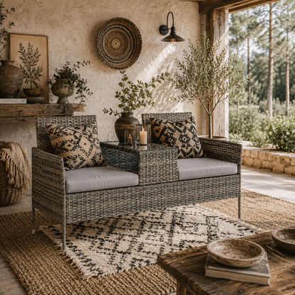 Cofi Rattan Dark Grey 2 Seater Chair With Integrated Centre Table
