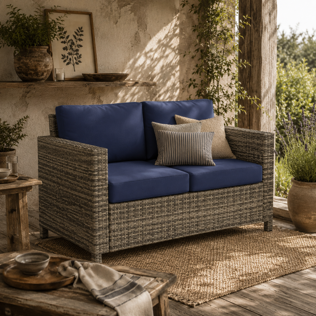 Vata Rattan Navy Blue 2 Seater Outdoor Sofa with Armrests