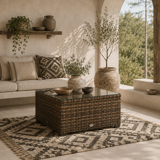 Nolone Brown Rattan Outdoor Glass Top Side Table