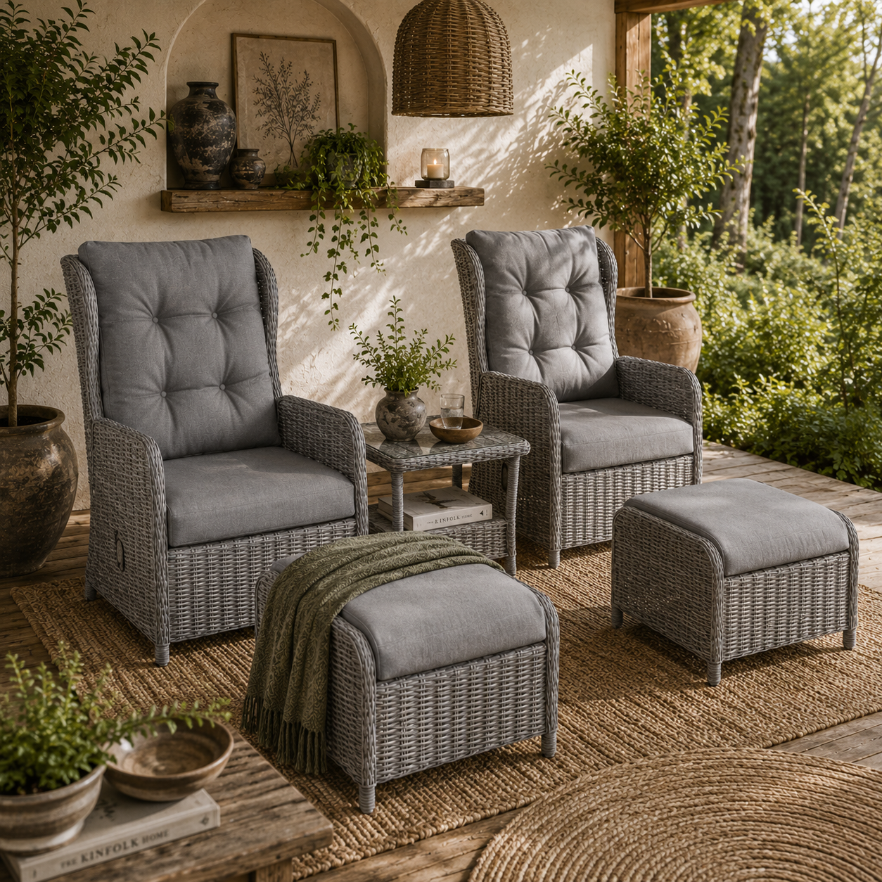 Kenolo Rattan Light Grey 5 Piece Reclining Bistro Furniture Set with Tufted Cushions Glass Top Table and Footstools