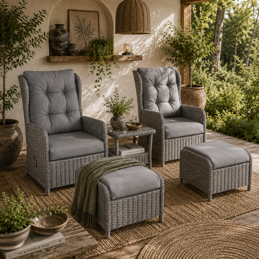 Kenolo Rattan Light Grey 5 Piece Reclining Bistro Furniture Set with Tufted Cushions Glass Top Table and Footstools