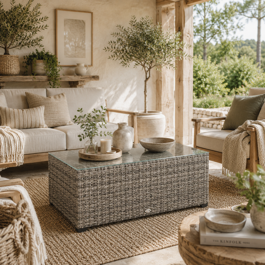 Livatoli Dark Grey Rattan Rectangular Glass Top Side Table