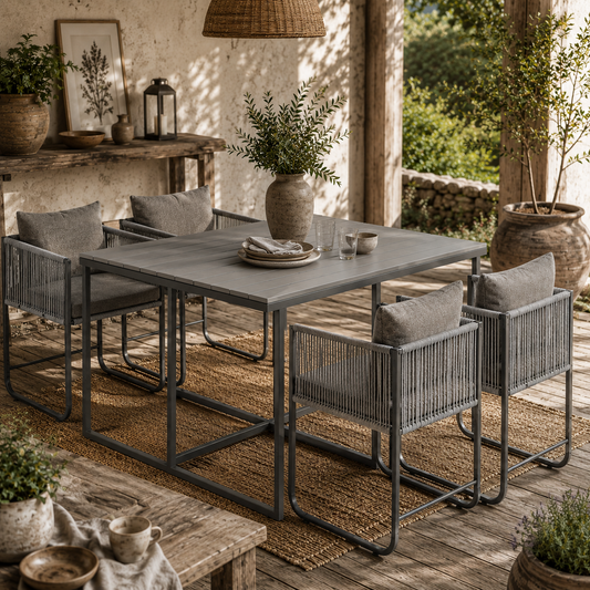 Donino Rattan Grey 4 Seater Cube Garden Dining Set With Cushions And Rectangular Wood Effect Table
