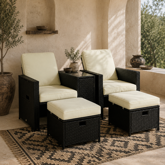 Niludo Faux Rattan Black and Cream 5 Piece Adjustable Sun Lounger Set With Storage Table And Footstools