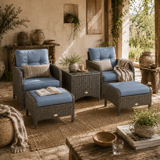Notori Faux Rattan Blue 5 Piece Garden Bistro Set With 2 Armchairs Stools And Glass Table