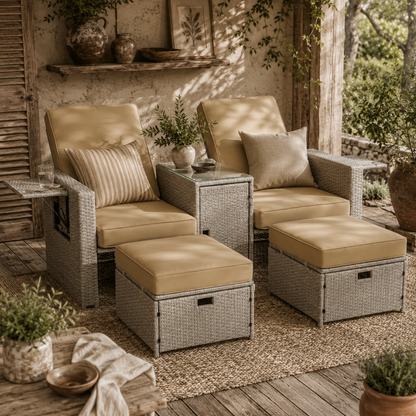 Luva Faux Rattan Grey and Beige 5 Piece Adjustable Sun Lounger Set With Storage Table And Footstools