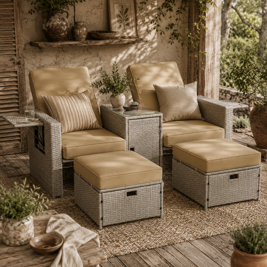 Luva Faux Rattan Grey and Beige 5 Piece Adjustable Sun Lounger Set With Storage Table And Footstools