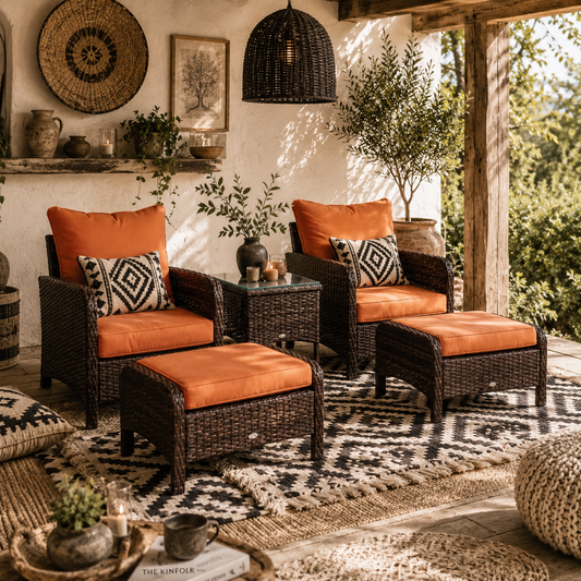 Moto Brown Faux Rattan 5 Piece Outdoor Bistro Set with Orange Cushions Stools And Glass Table