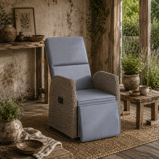 Namama Faux Rattan Brown And Grey Reclining Garden Armchair With Footrest