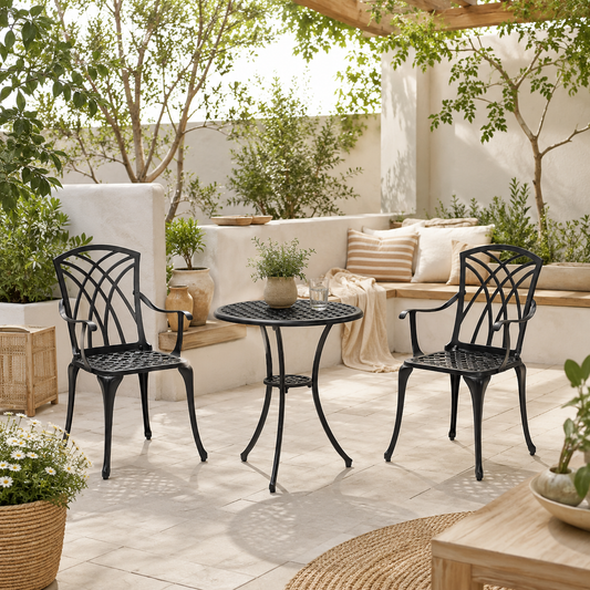 Haloco Cast Aluminium Bronze Tone 3 Piece Garden Bistro Set With Armchairs And Round Table
