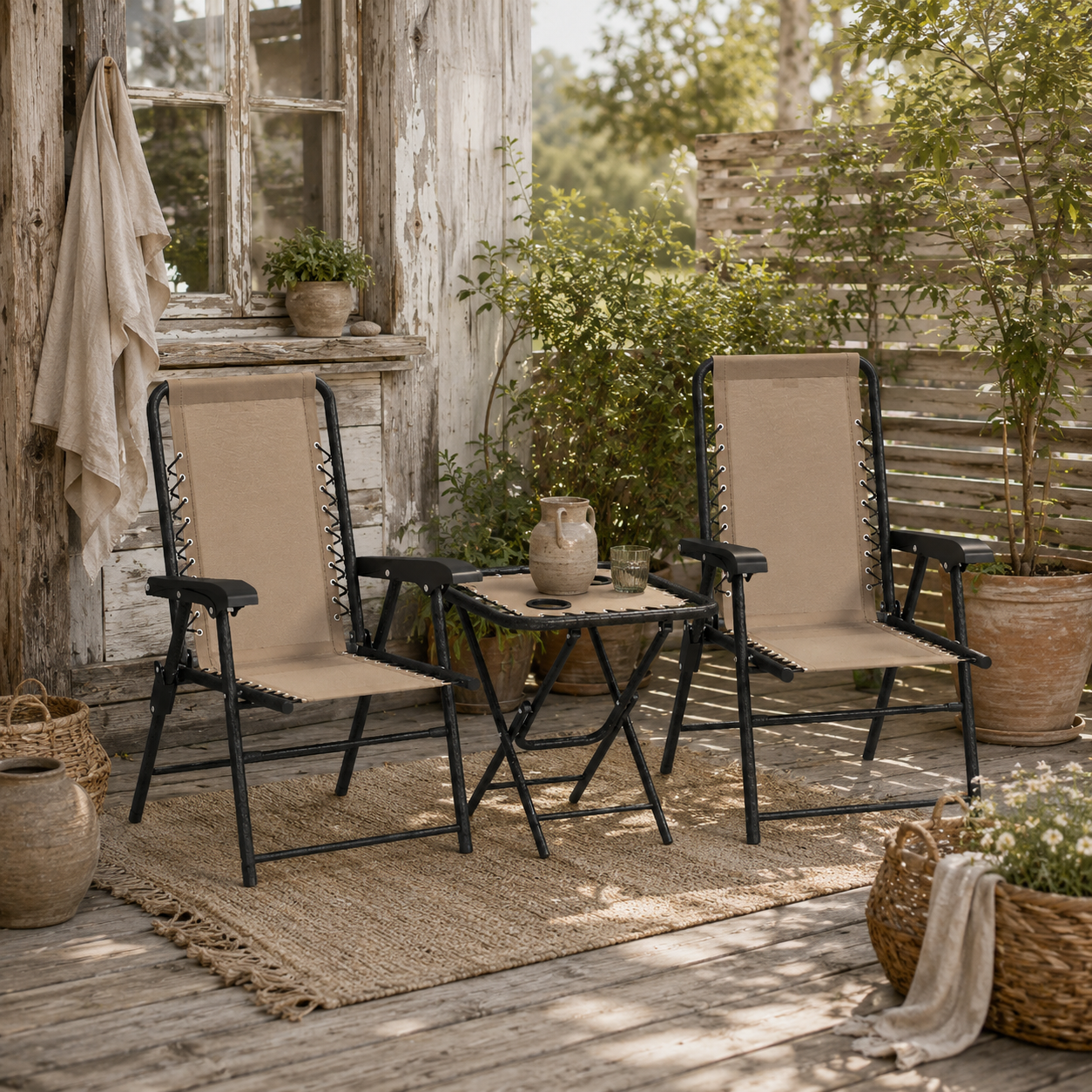 Fihake Metal Khaki Cream 3 Piece Garden Bistro Table And Chair Set