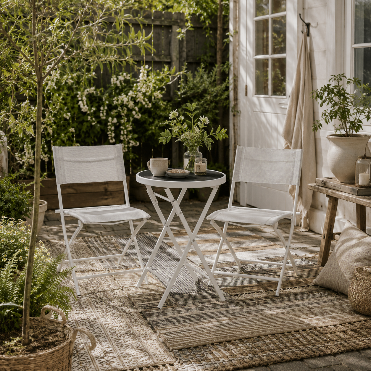 Lafiyo Glass And Metal White 3 Piece Outdoor Bistro Set With Folding Chairs