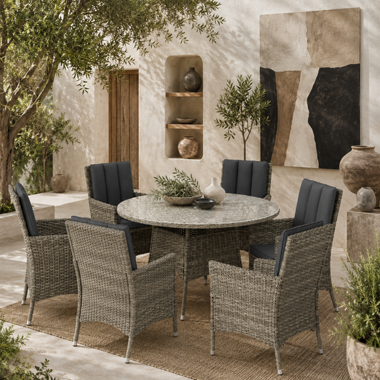 Vetane Rattan Light Grey 6 Seatear Garden Dining Set With Round Glass Top Table