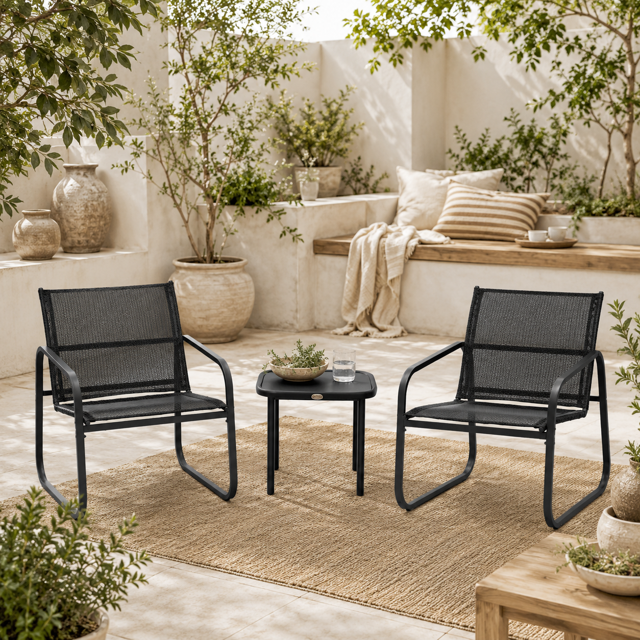 Macolu Metal Black 3 Piece Garden Seating Set With Table And Chairs