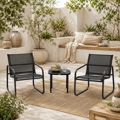 Macolu Metal Black 3 Piece Garden Seating Set With Table And Chairs