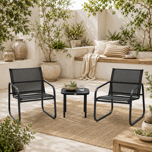 Macolu Metal Black 3 Piece Garden Seating Set With Table And Chairs