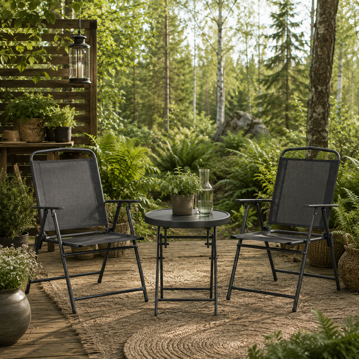 Zivino Glass And Metal Black 3 Piece Garden Seating Set With Table And Chairs
