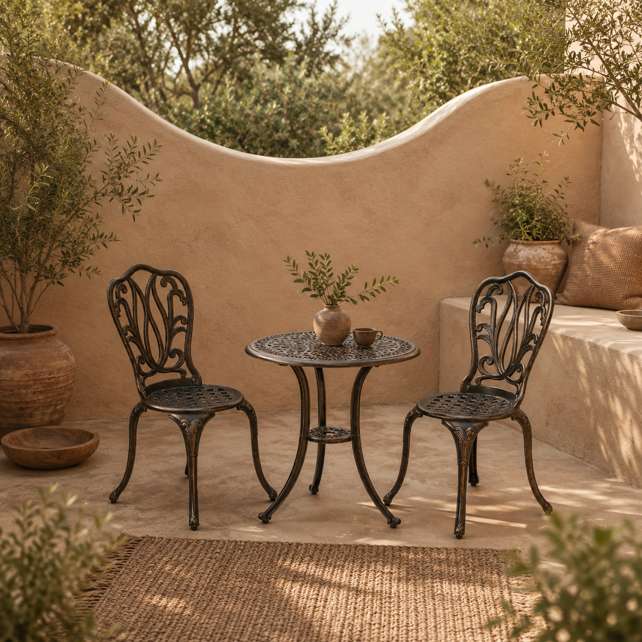Niso Aluminium Bronze Tone 3 Piece Garden Bistro Set With Umbrella Hole Table And Chairs