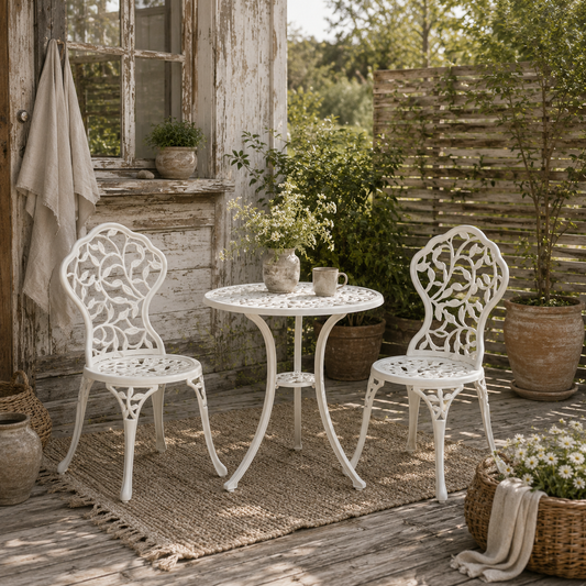 Karipa Cast Aluminium White 3 Piece Outdoor Floral Bistro Dining Set With Table And Chairs