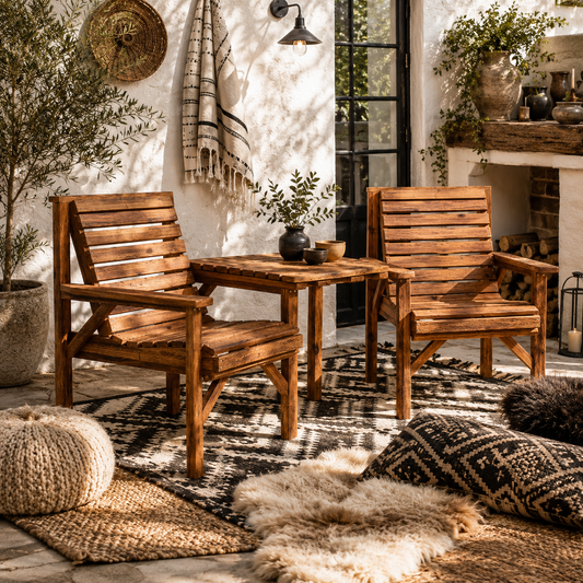 Topa Tan Brown Wood Garden Bistro Set Love Seat With Integrated Coffee Table And Parasol Hole