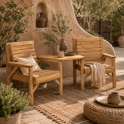Moha Naturla Wood Garden Bistro Set Love Seat With Coffee Table And Parasol Hole Bench Set