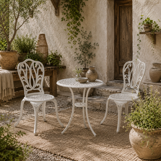 Kafa Cast Aluminium White 3 Piece Garden Bistro Set With Umbrella Hole