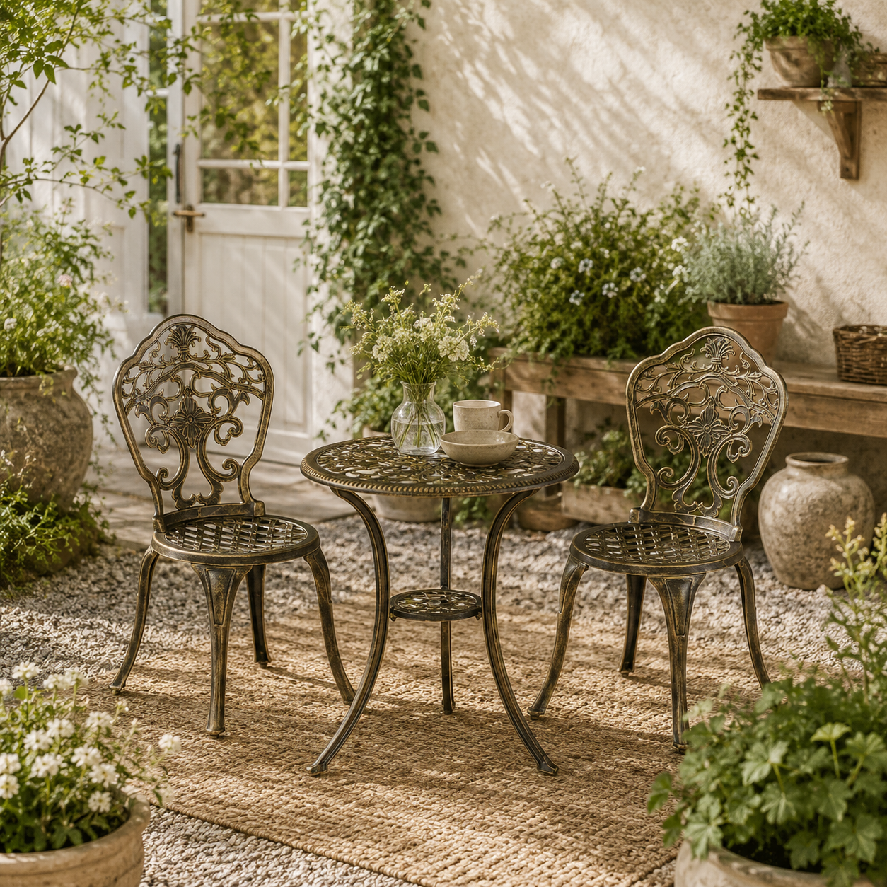 Bava Cast Aluminium Bronze 3 Piece Garden Bistro Set With Parasol Hole Round Table