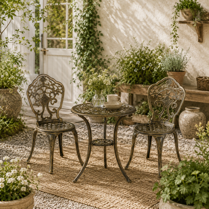 Bava Cast Aluminium Bronze 3 Piece Garden Bistro Set With Parasol Hole Round Table