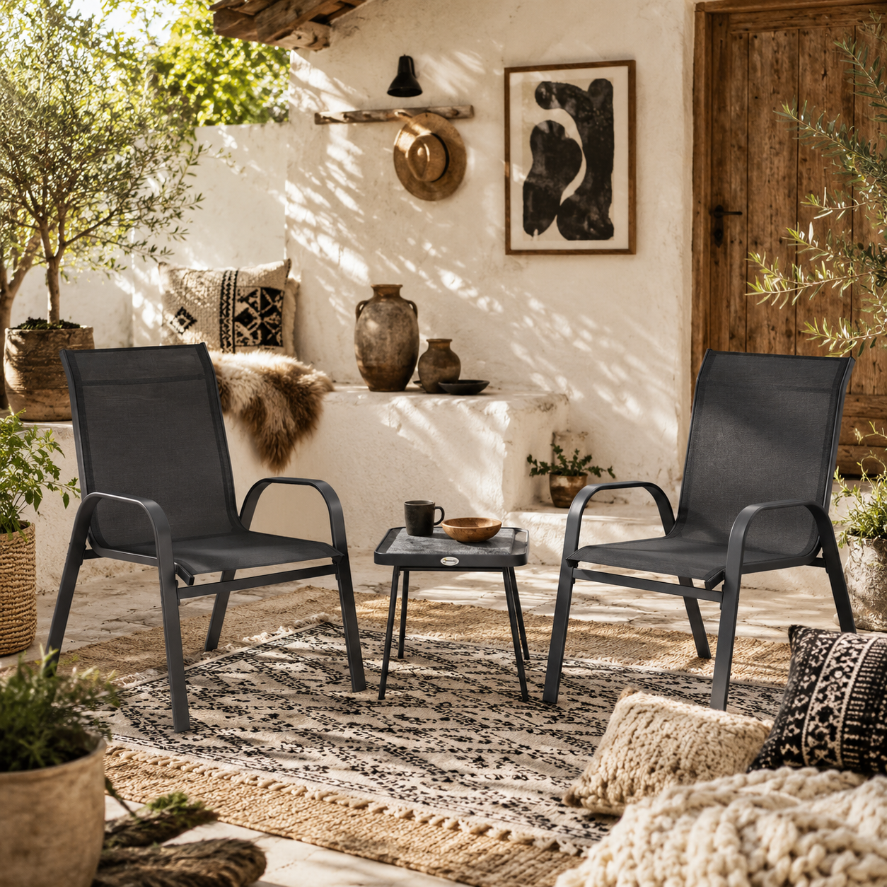 Zidoco 3 Piece Outdoor Mesh Bistro Set With Stackable Chairs And Coffee Table In Black