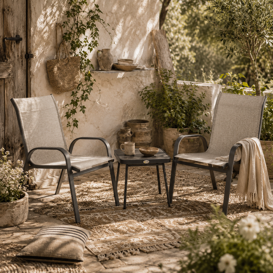 Diseli 3 Piece Outdoor Mesh Bistro Set With Stackable Chairs And Coffee Table In Brown