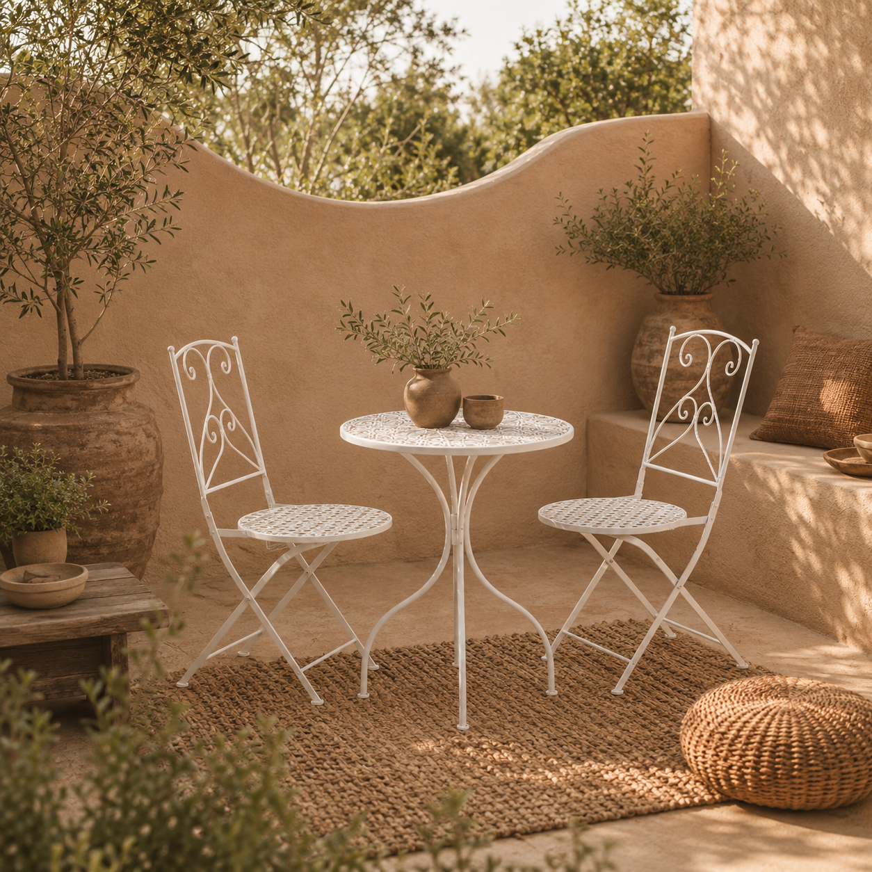 Sufi 3 Piece Metal Frame Bistro Table And Chair Set In White