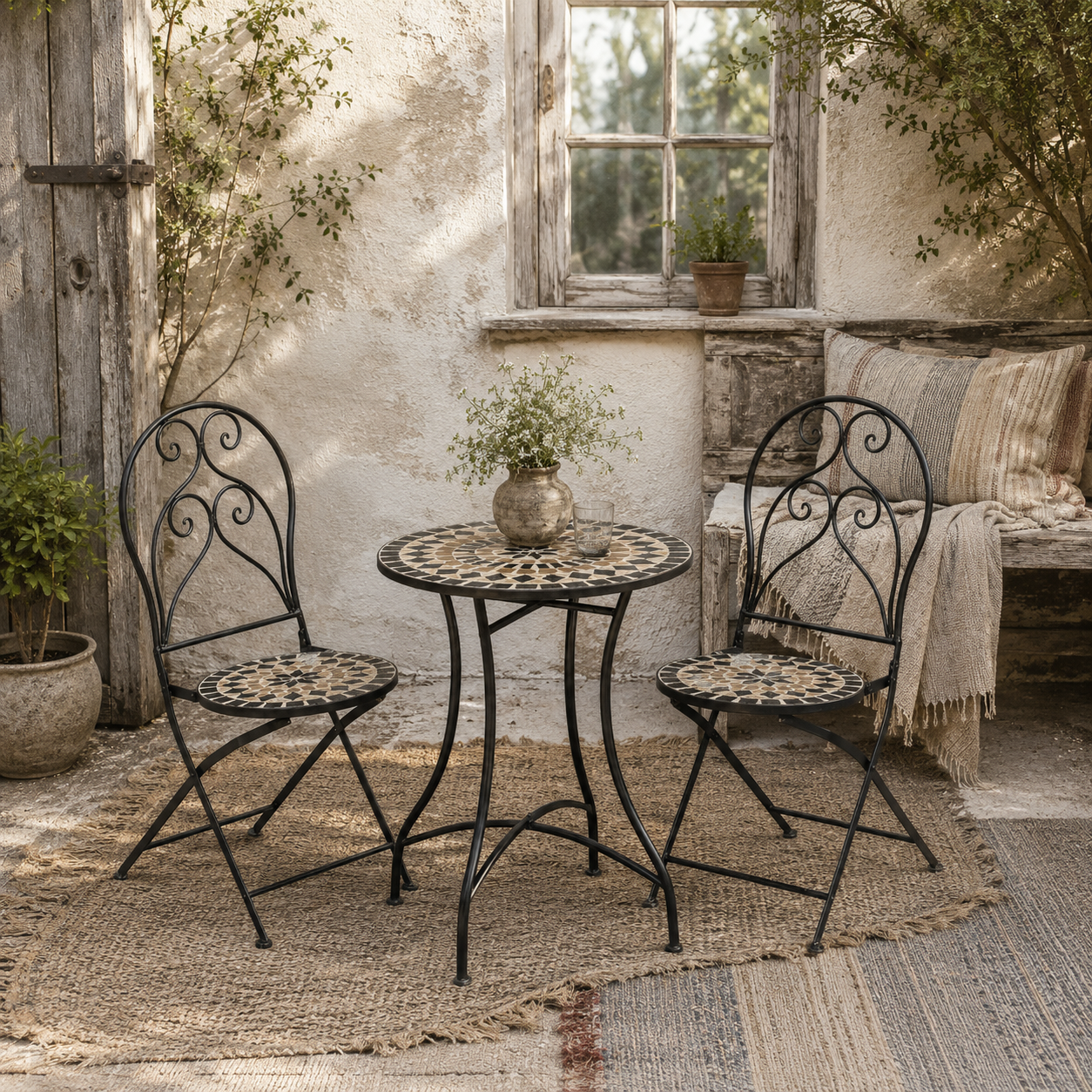 Bamasu 3 Piece Mosaic Garden Bistro Set With Folding Chairs And Coffee Table Black