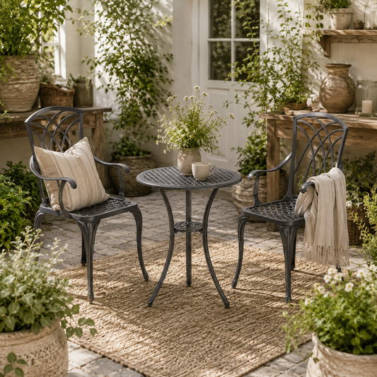 Sazzotti Brown Cast Aluminium Garden Bistro Set With 2 Armchairs And Round Table