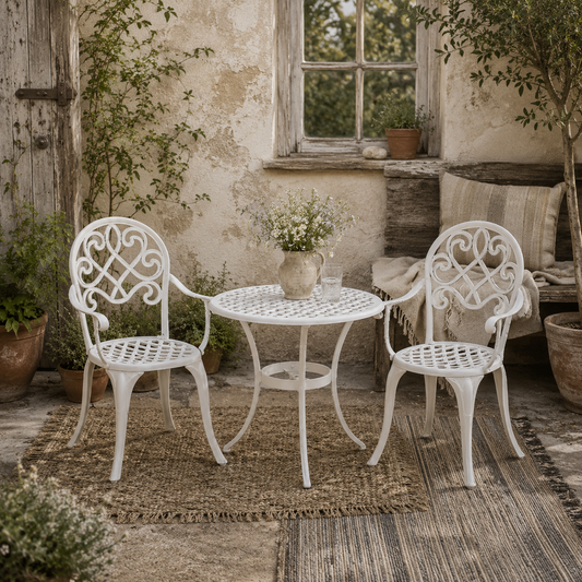 Safa 3 Piece Elegant Aluminium Garden Bistro Set In White