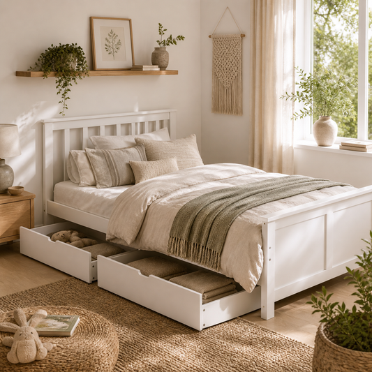 Sutton White Wooden Single Bed Frame 2 Integrated Storage Drawers