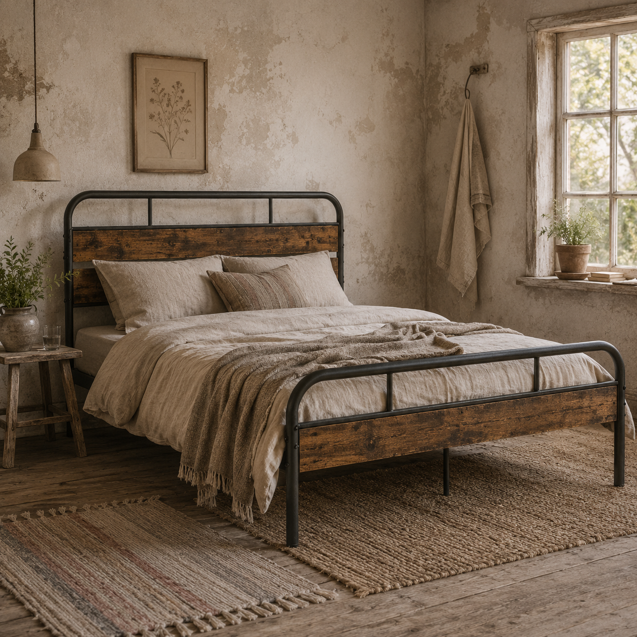 Marera 4FT6 Industrial Double Bed Frame Metal Black and Brown