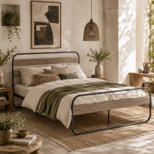 Cozine 4FT6 Grey and Black Metal Industrial Double Platform Bed Frame