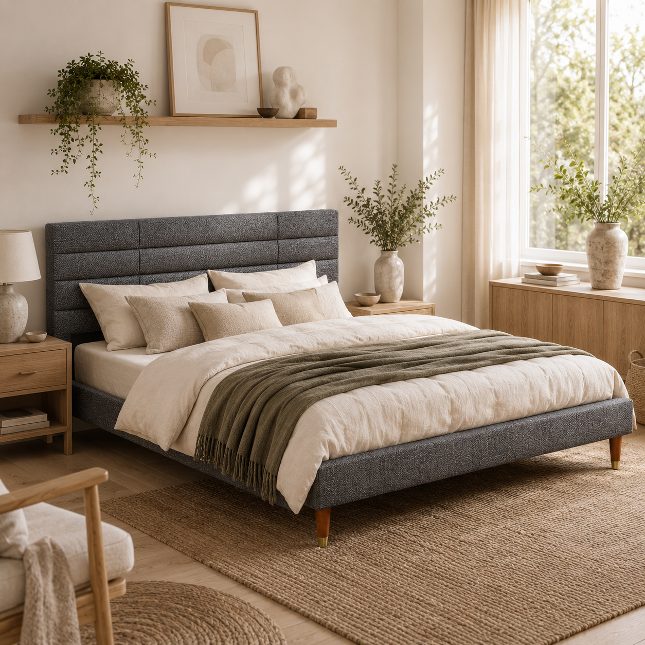 Narane 5FT Grey Upholstered King Bed Frame With Slatted Base and Fruitwood Legs