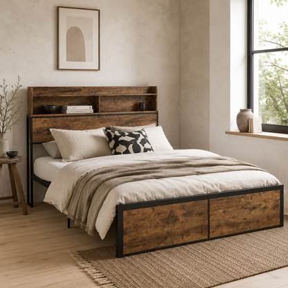 Sata 4FT8 Rustic Brown and Black Industrial Double Bed Frame with Shelves